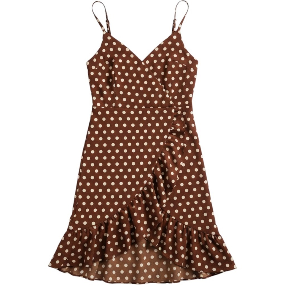 Sanctuary Brown White Polka Dot Faux Wrap High Low Slip Dress Sz 0